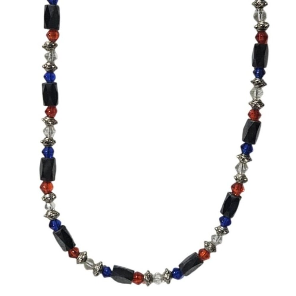 Magnetic Beaded Necklace Red Blue Black Beads Silver Tone Accents Jewelry